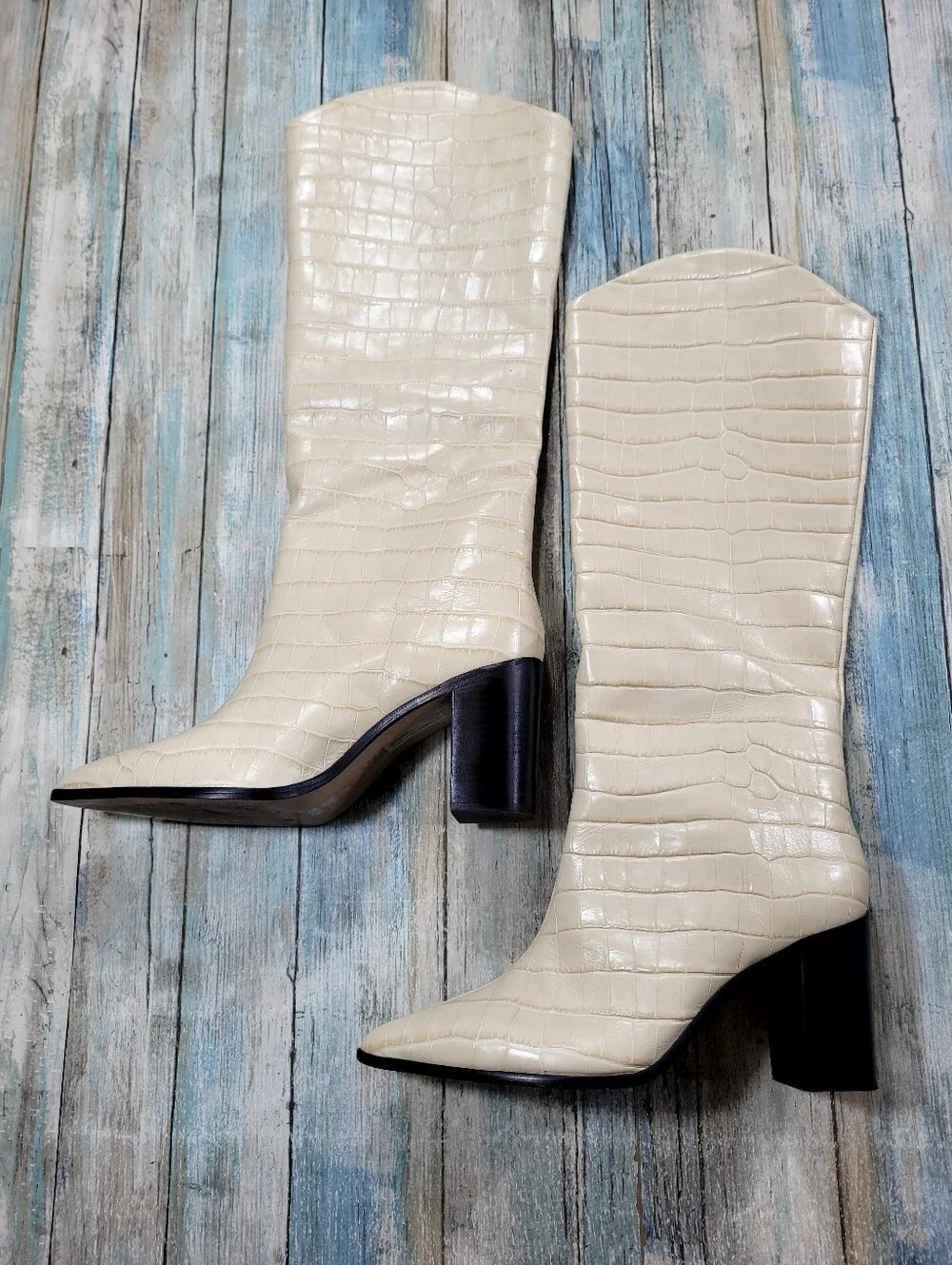 SCHUTZ Cream Croc-Embossed Over-the-Knee Boots